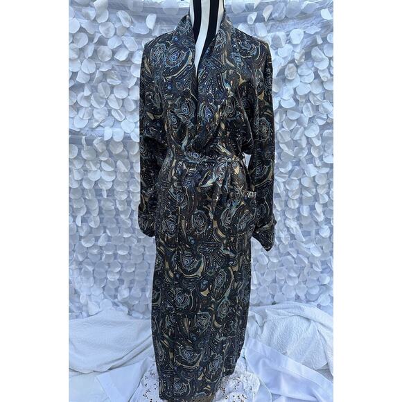 Victoria's Secret Other - Victoria’s Secret XS S LONG SATIN PAISLEY DRESSING ROBE Teal Blue Tan Elegant